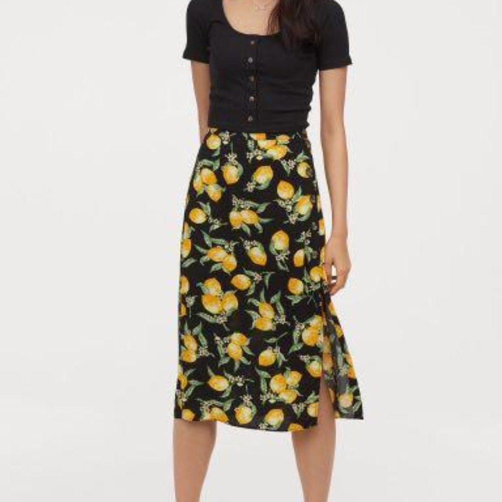 H&M Lemon Print Midi Skirt Size 2